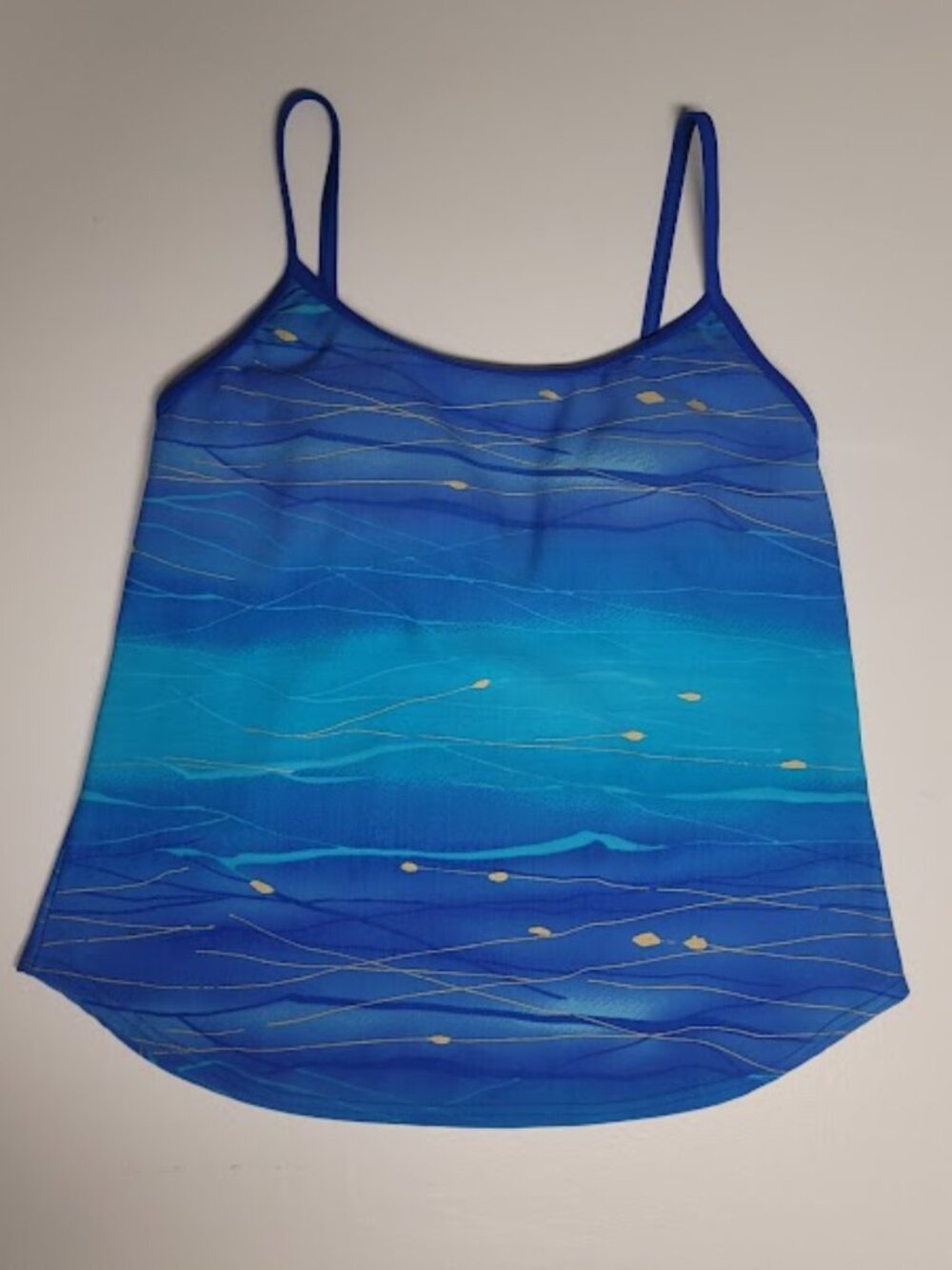 Christina Blue/Turq/aqua/gold beachy Print Tankini Swimsuit top Size 10 (Medium)